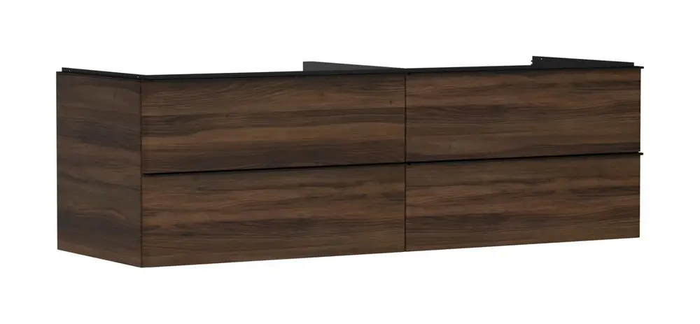 Waschtischunterschrank in dunkler Holzoptik mit vier Schubkästen. Geeignet für den Einsatz mit Konsolen Aufsatzwaschtisch. Hansgrohe-Design.